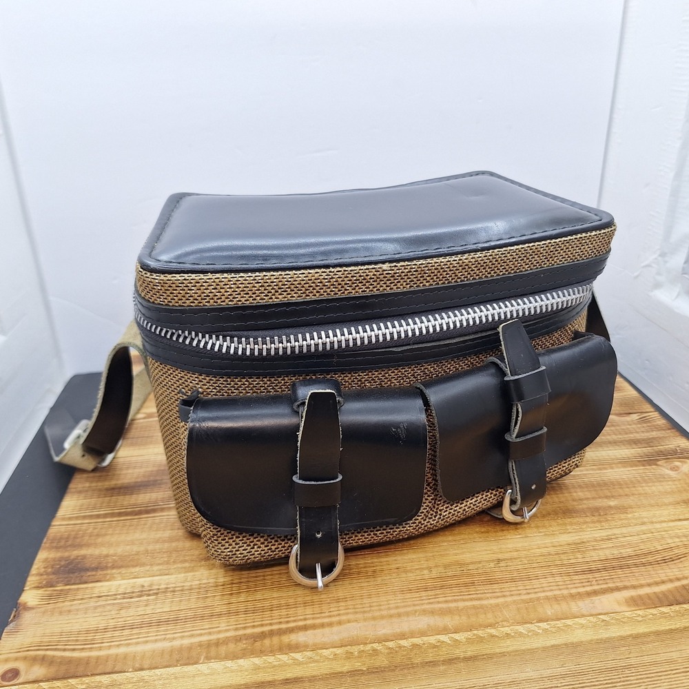 Vintage Retro Gold Crest Leather Satchel Purse Camera Bag Black Made In Japan